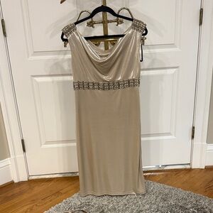 David Meister Tan Sleeveless Cowl Neck Sheath Dress